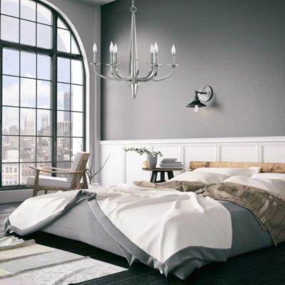 Lustre nickel poli dans une chambre moderne (Modèles Ascher d'Elstead) - parfait pour un éclairage principal