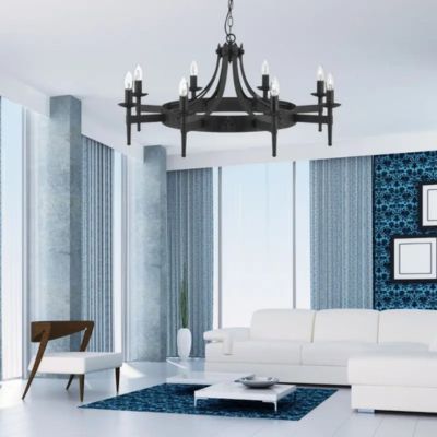 Lustre noir au style baroque dans une chambre blanche (Modèle Cartwheel, Searchlight) - parfait en guise d'éclairage ambiant